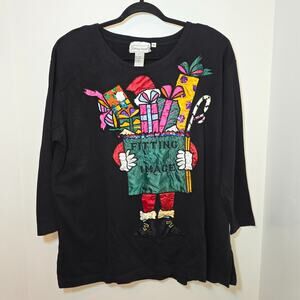 Vintage Womens Embroidered Santa Gifts Long Sleeve Shirt 2X Black Ugly Sweater